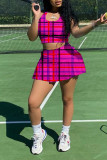 Rose Red Casual Sportswear Plaid Print Patchwork U Neck Sleeveless Two Pieces