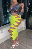 Yellow Sexy Solid Hollowed Out Patchwork High Waist Pencil Solid Color Bottoms