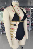 Rose Red Fashion Sexy Patchwork Solid Hollowed Out Tear Swimwears (With Paddings)