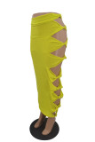 Yellow Sexy Solid Hollowed Out Patchwork High Waist Pencil Solid Color Bottoms