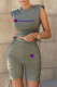 Grey Fashion Sportswear Print Letter O Neck Sleeveless Two Pieces