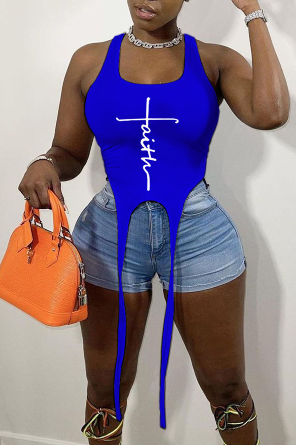 Blue Sexy Print Patchwork Asymmetrical U Neck Tops