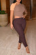 Brownness Sexy Solid Hollowed Out Patchwork Buttons O Neck Regular Jumpsuits