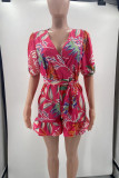 Pink Sweet Print Bandage Patchwork Flounce V Neck Rompers