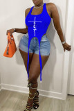 Blue Sexy Print Patchwork Asymmetrical U Neck Tops
