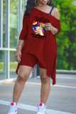 Blue Fashion Casual Print Asymmetrical Oblique Collar Short Sleeve Two Pieces