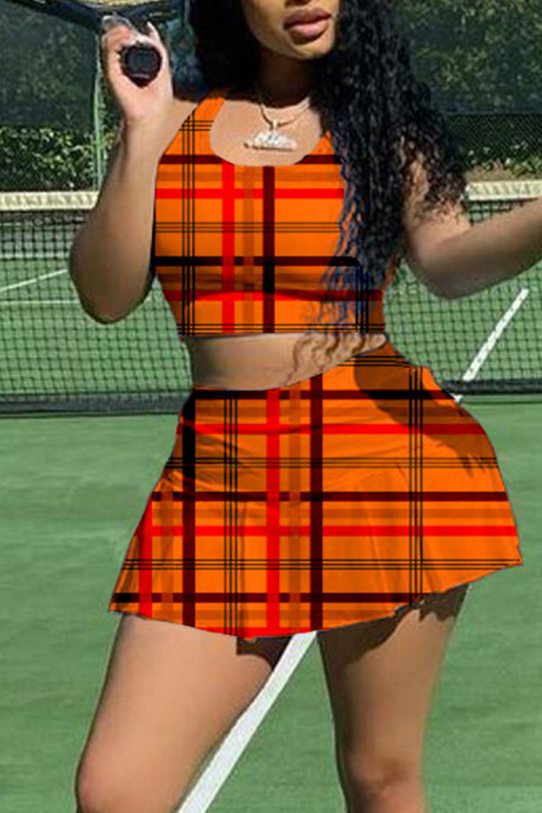 Tangerine Red Casual Sportswear Plaid Print Patchwork U Neck Sleeveless Two Pieces