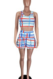Rose Red Casual Sportswear Plaid Print Patchwork U Neck Sleeveless Two Pieces