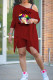Burgundy Fashion Casual Print Asymmetrical Oblique Collar Short Sleeve Two Pieces