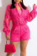 Rose Red Sexy Sweet Solid Hollowed Out Patchwork See-through Zipper Collar Long Sleeve Two Pieces