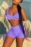 Purple Sexy Casual Sportswear Solid Backless V Neck Sleeveless Two Pieces