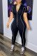 Black Casual Sportswear Solid Patchwork Zipper Collar Skinny Jumpsuits