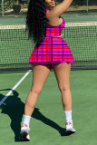 Rose Red Casual Sportswear Plaid Print Patchwork U Neck Sleeveless Two Pieces