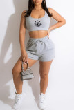 Grey Casual Sportswear Eyes Printed Basic U Neck Sleeveless Two Pieces