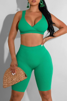 Green Casual Solid Split Joint V Neck Sleeveless Two Pieces