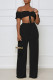 Black Sexy Solid Patchwork Draw String Fold Off the Shoulder Short Sleeve Two Pieces