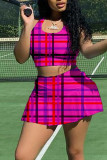 Rose Red Casual Sportswear Plaid Print Patchwork U Neck Sleeveless Two Pieces