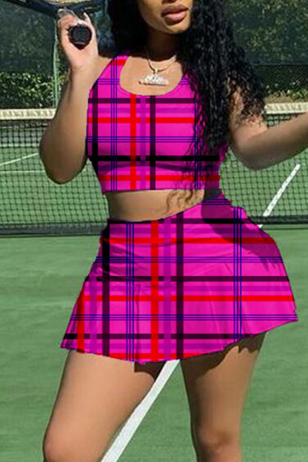 Rose Red Casual Sportswear Plaid Print Patchwork U Neck Sleeveless Two Pieces