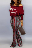 Red Fashion Casual Letter Print Basic Off the Shoulder Long Sleeve Two Pieces