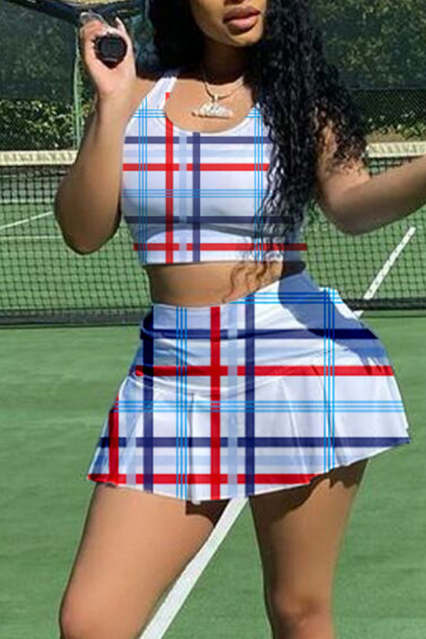 White Casual Sportswear Plaid Print Patchwork U Neck Sleeveless Two Pieces