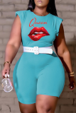 Blue Casual Lips Printed Patchwork O Neck Skinny Rompers