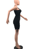 Apricot Sexy Solid Patchwork Draw String Fold Asymmetrical Collar Pencil Skirt Dresses