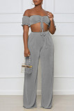 Grey Sexy Solid Patchwork Draw String Fold Off the Shoulder Short Sleeve Two Pieces