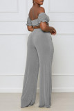 Grey Sexy Solid Patchwork Draw String Fold Off the Shoulder Short Sleeve Two Pieces