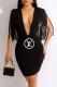 Black Fashion Sexy Print Tassel Letter V Neck One Step Skirt Dresses