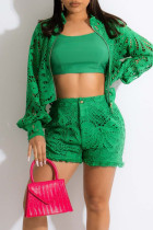 Green Sexy Sweet Solid Hollowed Out Patchwork See-through Zipper Collar Long Sleeve Two Pieces