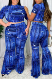 Blue Fashion Casual Print Basic O Neck Short Sleeve Two Pieces