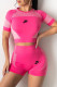 Rose Red Fashion Sportswear Print Patchwork O Neck Short Sleeve Two Pieces