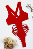 Red Fashion Sexy Solid Hollowed Out Backless Swimwears (Without Paddings)