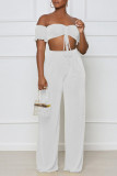 Grey Sexy Solid Patchwork Draw String Fold Off the Shoulder Short Sleeve Two Pieces