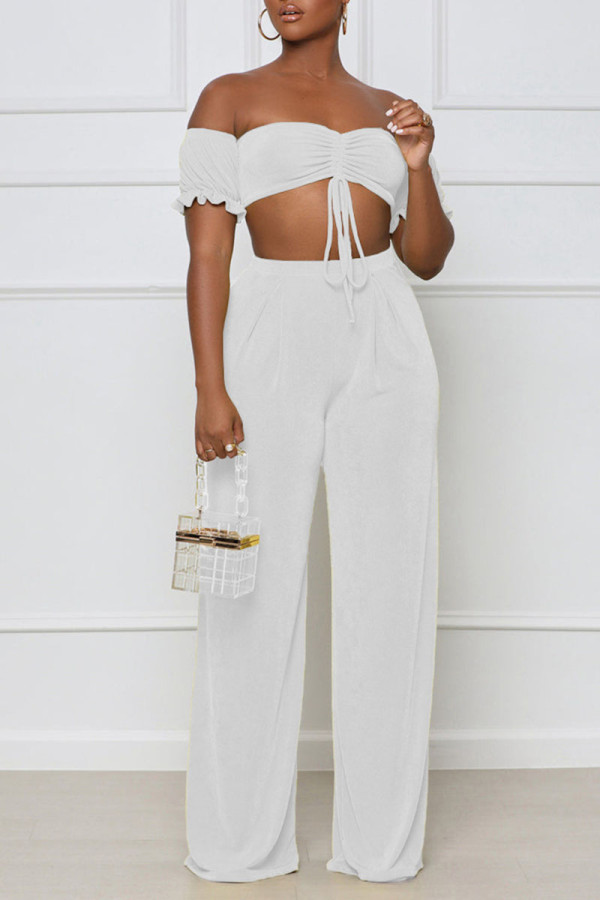 White Sexy Solid Patchwork Draw String Fold Off the Shoulder Short Sleeve Two Pieces