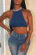 Deep Blue Sexy Casual Solid Backless Strap Design O Neck Tops
