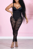 Black Sexy Solid Patchwork See-through Spaghetti Strap Sleeveless Two Pieces