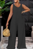 Green Casual Solid Split Joint Frenulum Backless O Neck Straight Jumpsuits