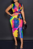 Multi-color Fashion Sexy Print Basic V Neck Sleeveless Two Pieces
