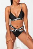 Black Fashion Sexy Letter Print Hollowed Out Patchwork Backless Swimwears (With Paddings)