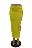 Yellow Sexy Solid Hollowed Out Patchwork High Waist Pencil Solid Color Bottoms