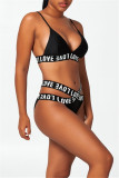 Black Fashion Sexy Letter Print Hollowed Out Patchwork Backless Swimwears (With Paddings)
