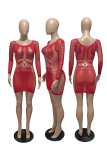 Red Sexy Solid Lace Mesh O Neck Pencil Skirt Dresses