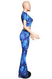 Blue Fashion Casual Print Basic O Neck Short Sleeve Two Pieces