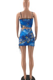 Blue Sexy Print Patchwork Spaghetti Strap Sleeveless Two Pieces