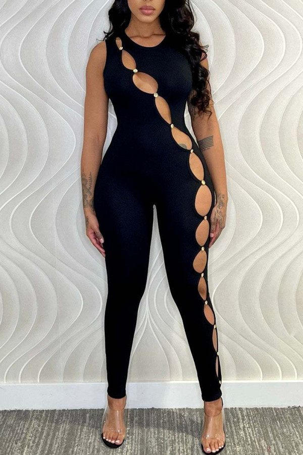 Black Sexy Solid Hollowed Out Patchwork O Neck Skinny Jumpsuits