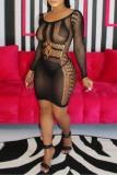Red Sexy Solid Lace Mesh O Neck Pencil Skirt Dresses