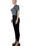Blue Gray Sexy Solid Hollowed Out Patchwork Buttons O Neck Regular Jumpsuits