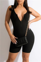 Black Fashion Casual Solid Basic Zipper Collar Skinny Jumpsuits
