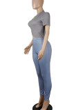 Blue Gray Sexy Solid Hollowed Out Patchwork Buttons O Neck Regular Jumpsuits